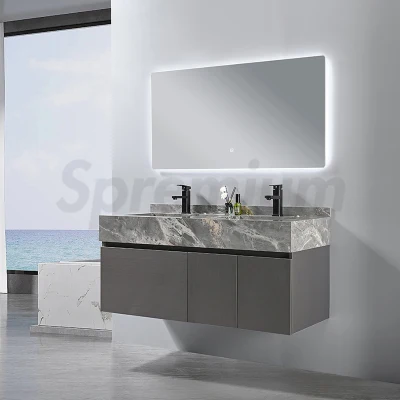 Grauer, moderner, neuer Design-Wandspiegel für Badezimmer, MDF-Schrank mit Steinplattenwaschbecken und individuell gestalteter Marmorplatte